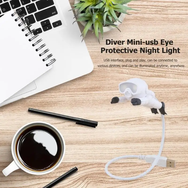 Светодиодный мини-ночник в форме ныряльщика, 5 В, питание от USB, 360 градусов, практичный Универсальный крученый шланг, кнопка защиты глаз, тип освещения