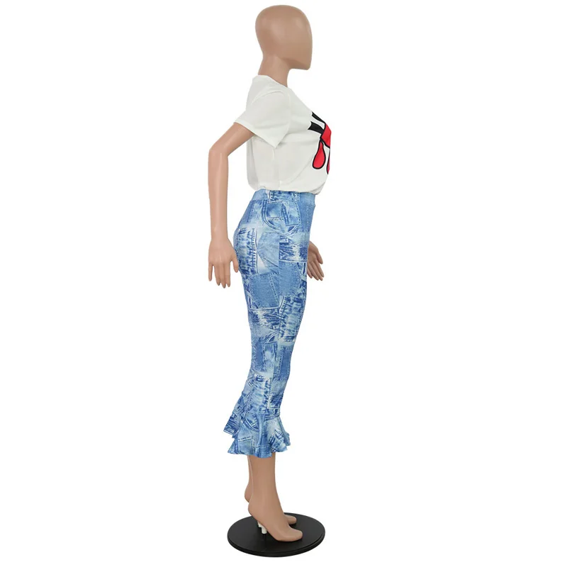 Женские повседневные винтажные Брюки-клеш с принтом синие повседневные узкие брюки женские брюки шикарная уличная одежда