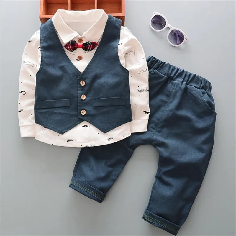 Костюм Джентльмена для маленьких мальчиков, комплекты одежды для детей, Осенний детский деловой комплект с принтом и длинными рукавами, 3 предмета, рубашка, жилет и штаны, наряд для мальчиков - Цвет: Green