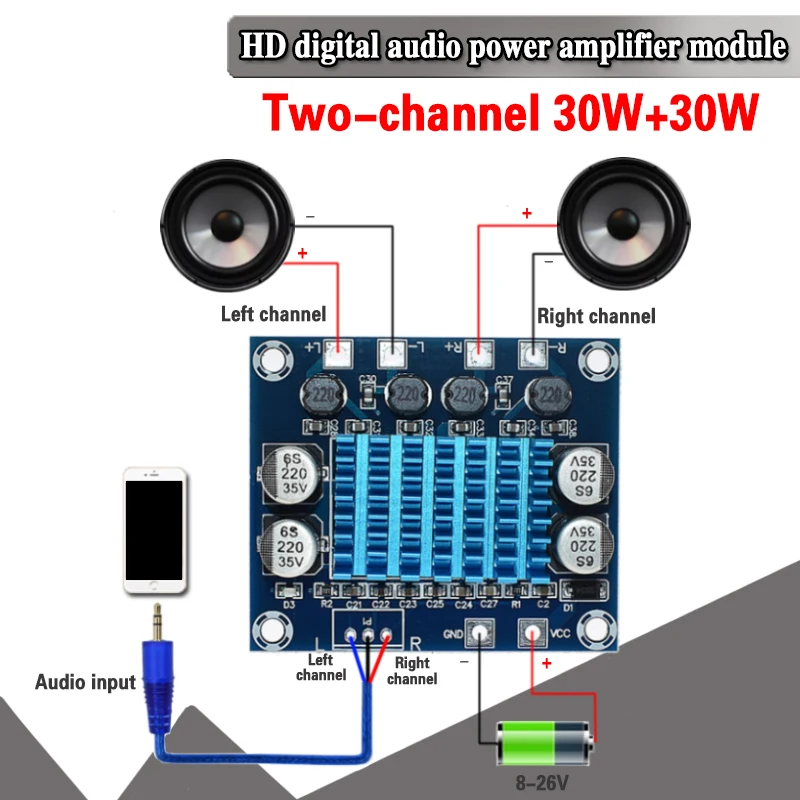 Tpa3110 XH-A232 30w + 30w 2.0 canais de áudio estéreo digital placa amplificador de potência dc 8-26v 3a C6-001