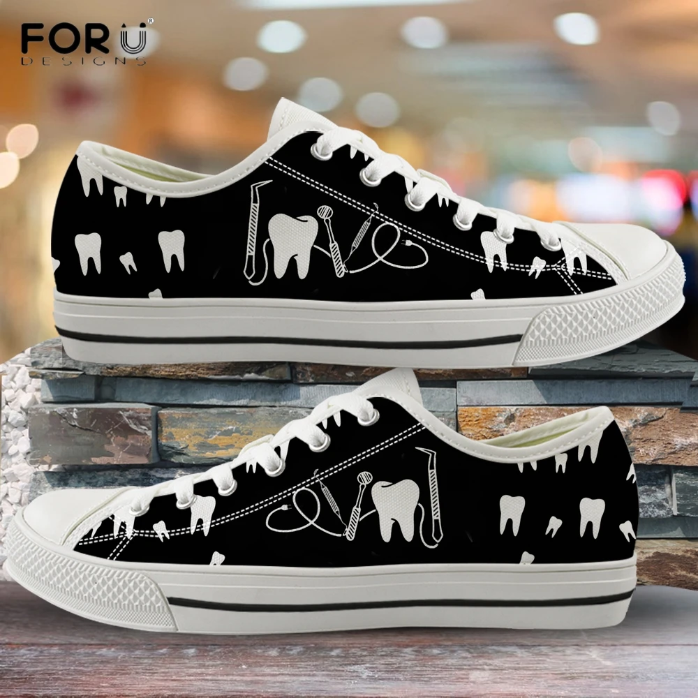 

FORUDESIGNS Funny Cartoon Tooth/Dental Power Pattern Black Woman Low Top Canvas Sheos 2019 Spring/Autumn Sneakers Ladies Shoes