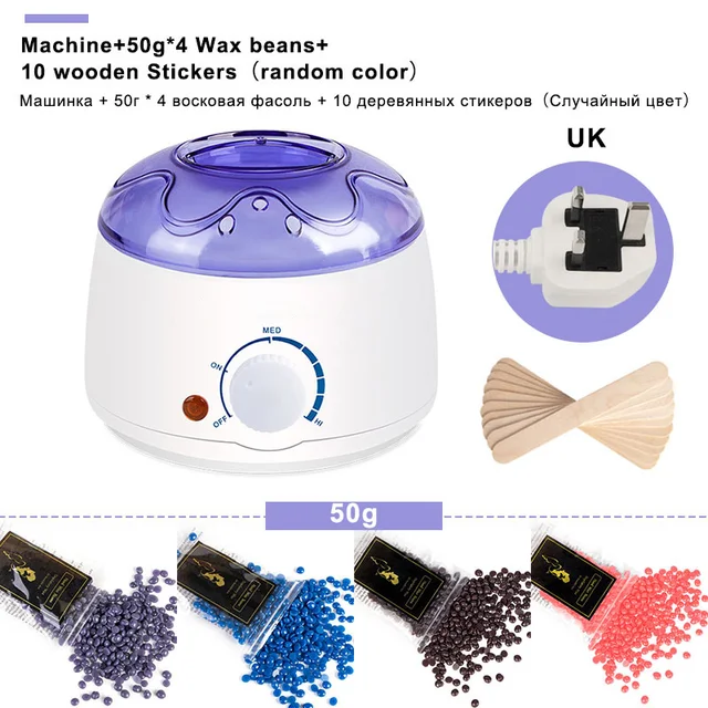 Hair Removal Wax-melt Machine Heater 200ml Wax Beans 10 Wood Stickers Hair Removal Machine Waxing Kit Calentador de cera Set 2 White UK plug