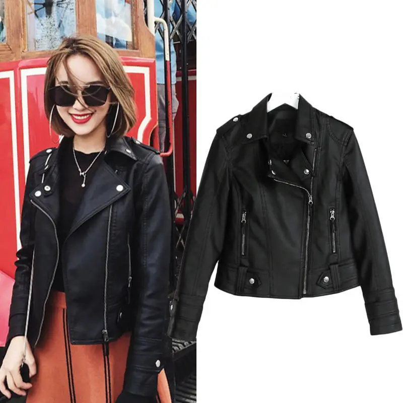 Black leather jacket Черная кожаная куртка, женская одежда, куртки из искусственной кожи, Женская Повседневная Уличная куртка большого размера, Женская Короткая кожаная куртка из искусственной кожи Q2286 - Цвет: Black leather jacket