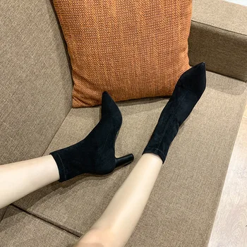 

GENSHUO Short Boots 2020 Stretch Sock Boots Chunky Block heels High Heels Fetish Sexy High-Heeled boots Black Shoes Women Boots