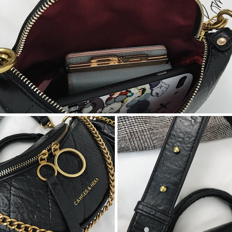 Cool Fashion Pleated Chains Chest Bag for Women Vintage Leather Hobos Handbags Retro Fanny Bag Messenger Bags malas de senhora