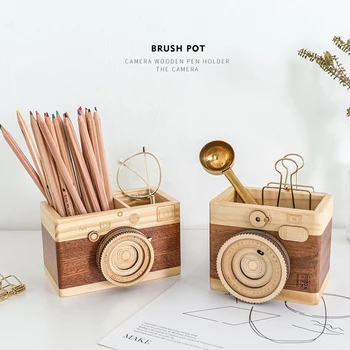 

Creative Camera Pen Holder Home Decoration Desktop Desk Office Bedroom Decoration Small Gifts Wooden Pencil Case Organizer