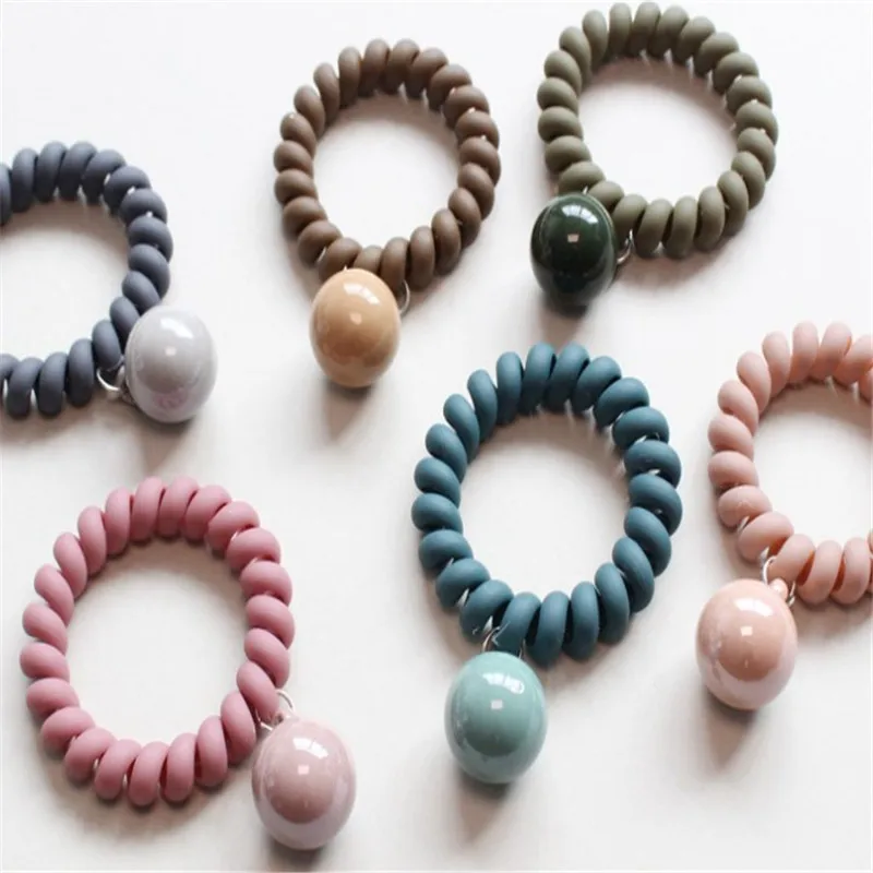 

Elegant Cute Korea Colorful Bead Pendant Hair rope Matte Rubber Color Telephone line Hair ring Women Girls Hair Accessory