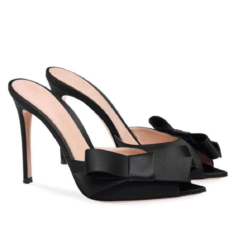 

Summer new pointed bow satin high-heeled satin sandals all-match banquet dress fashion daily large size female slippers