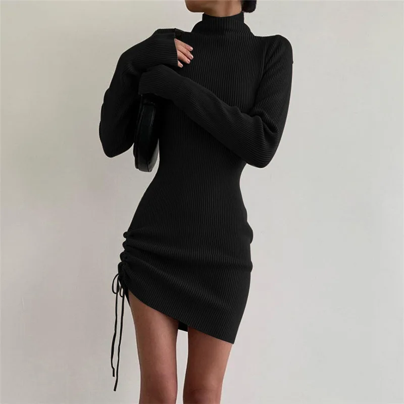 Long Sleeve Knitted Mini Dresses for Women High Neck Casual Drawstring Party Bodycon Dress 2021 Autumn Winter White Brown Black maxi dresses