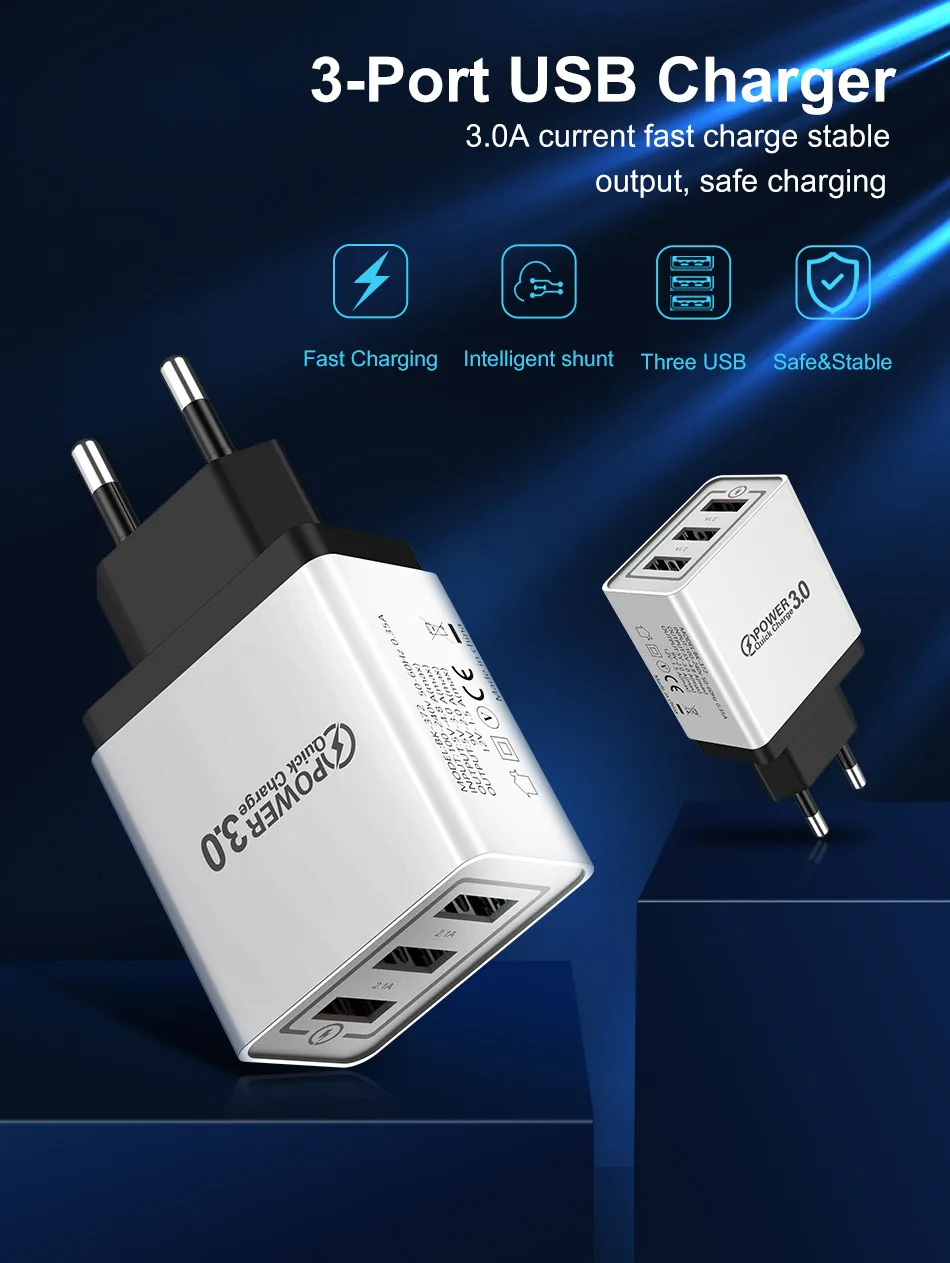 USLION USB зарядное устройство 3A Quick Charge 3,0 Для iPhone Micro type C быстрое настенное зарядное устройство для samsung Xiaomi huawei зарядное устройство для мобильных телефонов