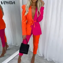 

VONDA Vintage Elegant Office Thin Coat Tops Women Sets Solid Long Pencil Pants Casual Suit Blazer With Belt Pant Sets Oversized