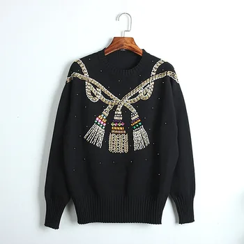 

Women Luxury Beaded Black Sweater 2019 Winter Warm Round Neck Pullover Sweater White Ladies Jumpers Sueter Mujer P-198