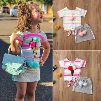 

2020 2PCS Toddler Kids Baby Girl Clothes Sets Rainbow Striped Princess Tops T-shirt Mini Skirt Outfits