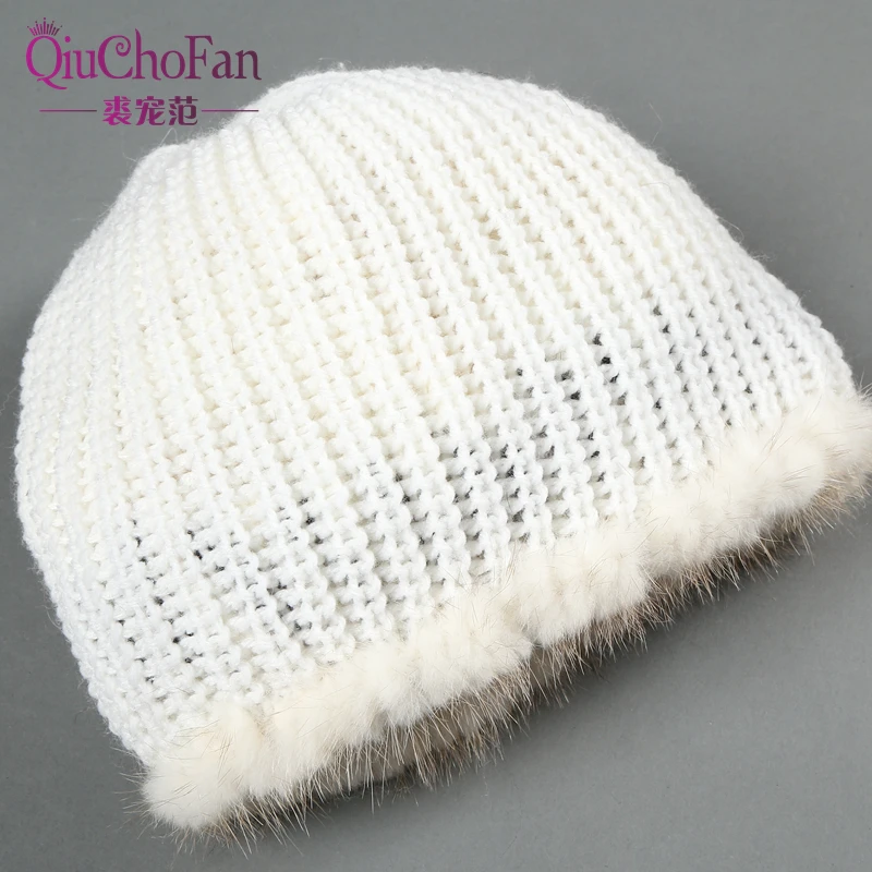 Женские шапки из натуральной норки, зимняя вязаная шапка с ушками, теплая двухцветная шапка, новая модная меховая шапка