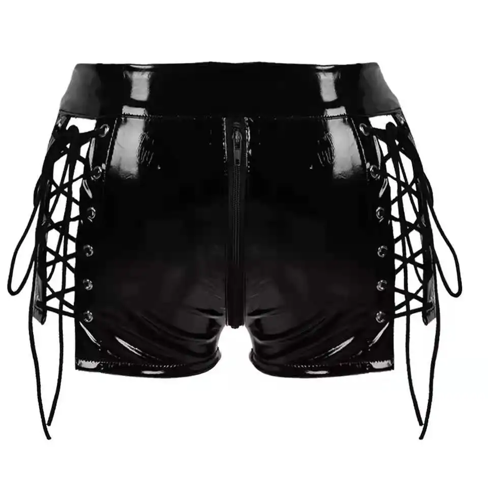 Women Sexy Opening Crotch Leather Shorts For Sex Erotic Porn Below Crotchless Underwear Glossy Shaping Latex Mini Hot Pants Sexi women lingerie set women crotchless shorts