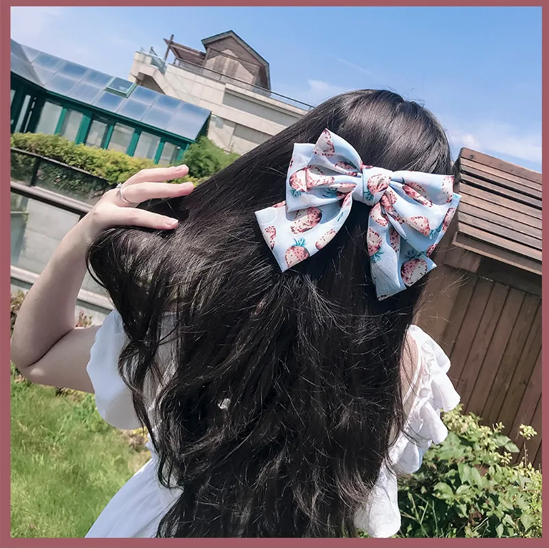 

New Sweet Print Strawberry Chiffon Big Bow Women Girls Hairpin Elegant Headband Cute Hair Ornament Clip Fashion Hair Accessories