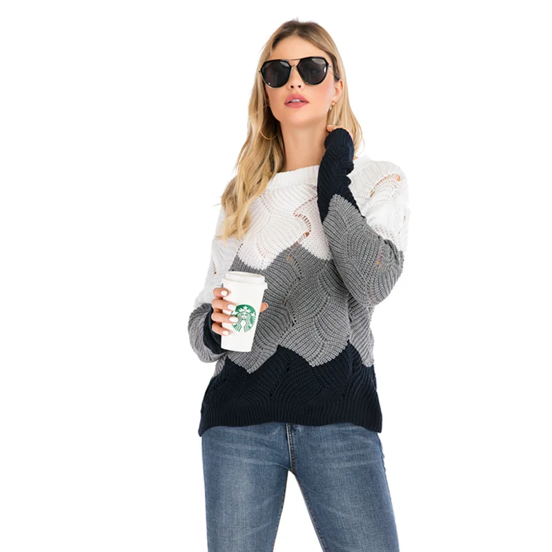 Женский пуловер свитер размера плюс радужная полоска круглый вырез длинный