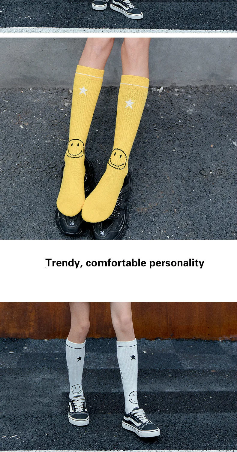 Harajuku Funny Winter Cute White Cool Cotton Black Socks Long Women Fashion Kawaii Smiley Face Streetwear Hip Hop Yellow Casual