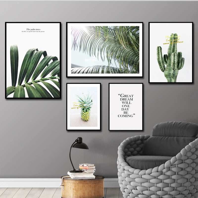 

Big Green Leaf and Cactus Natural Scenery Wall Art Canvas Painting Nordic Posters And Prints Wall Pictures For Living Room Decor