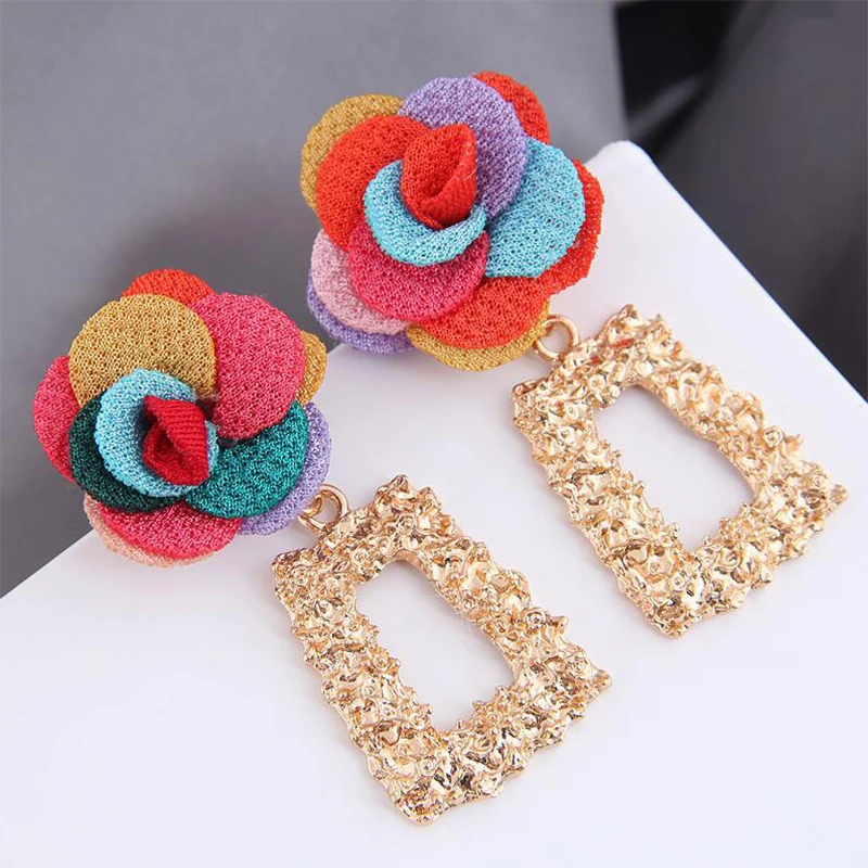 

New Bohemian Vintage Cloth Flower Dangle Earrings Tassel Earrings for Women Geometric Long Big Drop Earings Fashion Jewelry Gift
