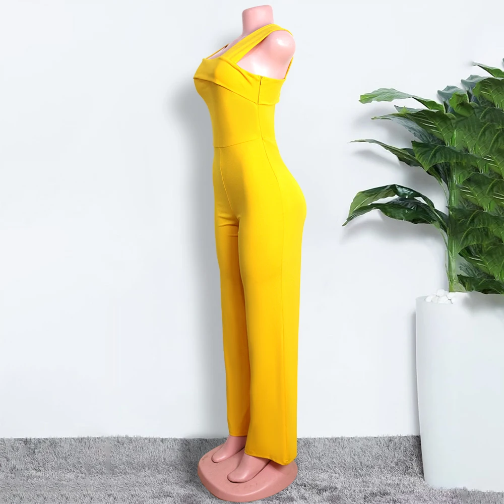 Women One Shoulder Sexy Jumpsuits Irregular Sleeve Elastic High Waist Wide Leg Spring Summer Overall Bodysuit Female Plus Size