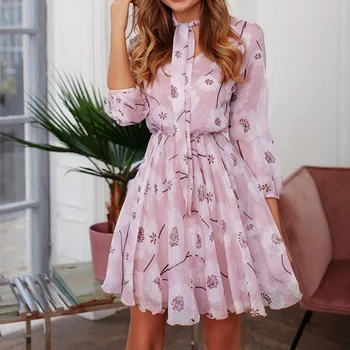 

Free ShippingElegant Floral Print Bow Collar Mini Dress Women Autumn Long Sleeves A-line Ruffles Dress Slim Party