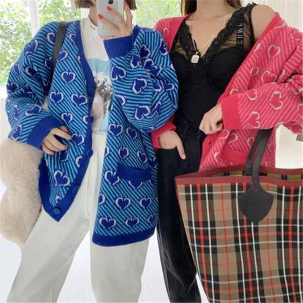 Синий RUGOD Autumn Winter New Style Chic Love Pattern Plus Size Women V-neck Stripe Cardigan Fashion Kpop Clothes - Цвет: Синий