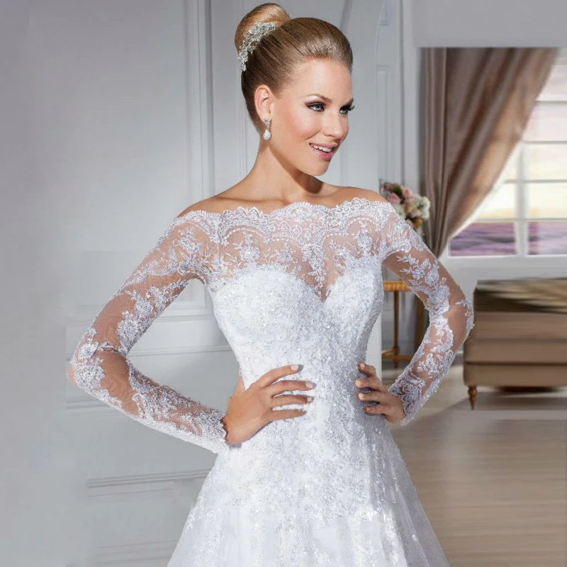 С длинным рукавом и кружевной аппликацией свадебное платье vestido de noiva с открытыми плечами свадебное платье; robe de mariage; платья для матери невесты