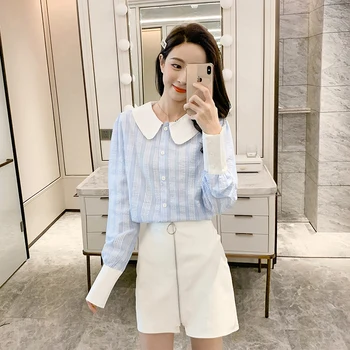 

COIGARSAM Striped Full Sleeve Patchwork New Spring Summer Peter pan Collar Women shirts Red Blue 6805