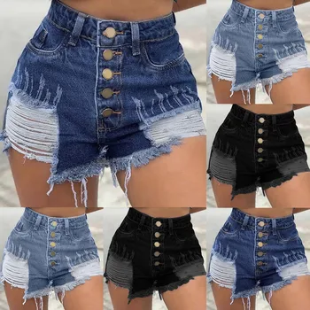 

HAWCOAR Jeans Woman Shorts джинсы женские Fashion Solid AA144 Casual Trousers Summer Shorts Button Pocket Hole Ripped Jeans
