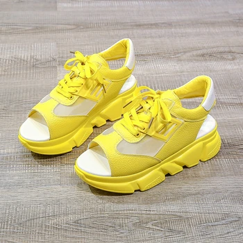 

Woman Chunky Sandals 2020 Yellow White Pink Casual Shoes Fashion Ladies Designers Leather Wedges Shoes For Women Platform Sandal