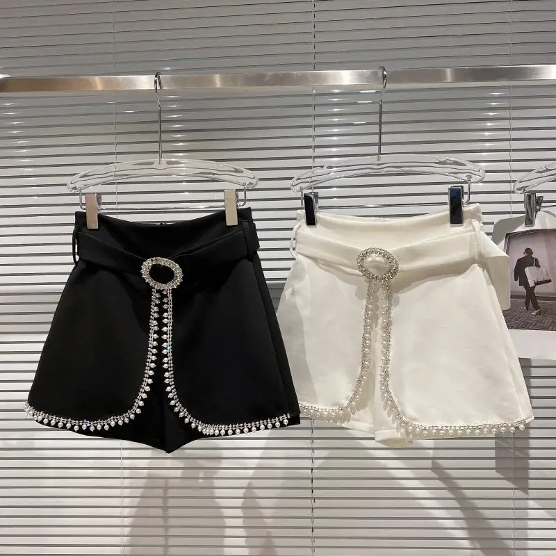 Cakucool Summer New Chic Diamonds Beading Shorts Skirts Chic Pearls Faux Two Piece Fashion Office Lady Shorts Plus Size
