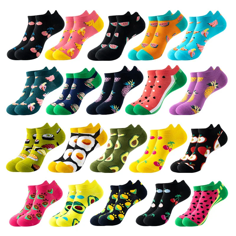 20 Colors New Fruit Short Socks Men and Women Spring and Summer Thin Boat Socks Trend Pineapple Apple Sushi Avocado Watermelon