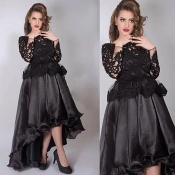 

High Low Black Evening Dresses Elegant Long Sleeve Lace Prom Dress Arabic Formal Evening Gowns 2019 Short robe de soiree
