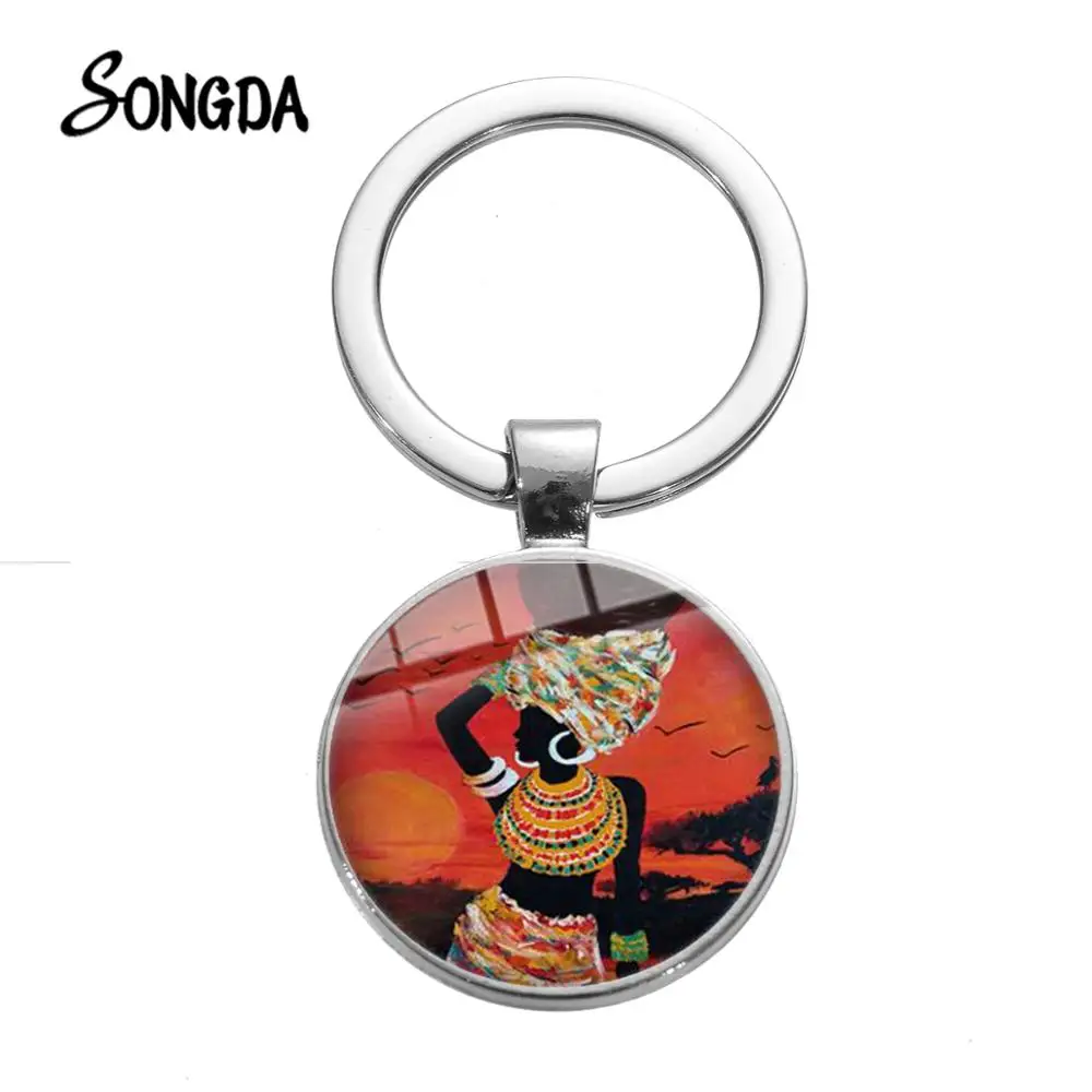 

SONGDA African Abstract Art Painting Afro Women Keychain Fashion Unique African Female Photos Glass Key Chain Birthday Trinkets