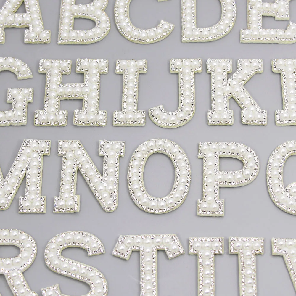 

1Pcs English letter Patch A-Z Pearl Rhinestonepatches for clothing White Pearl Applique DIY Name For Bags/Shoes