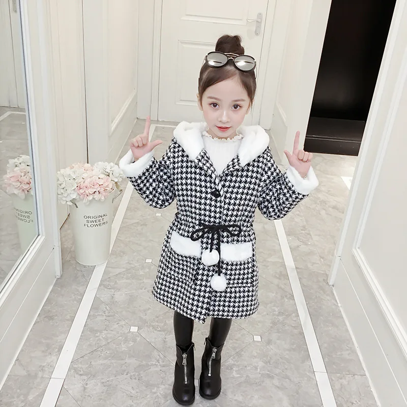 

Baby Girl Clothes 2019 Autumn/Winter New Woolen Coat Children Plus Velvet Thickening Girl Lattice Blouse Christmas Gift 3-12Y