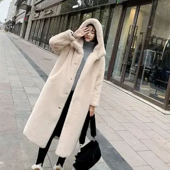 

Thicken Warm Imitation Mink Fur Long Coat With Fur Trim Women Autumn Winter Elegant Hooded Mink Hair Coats Solid Loose Outwear