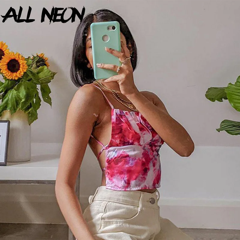 

ALLNeon E-girl Vintage Tie Dye Satin Milkmaid Tops Y2K Fashion Bandage Backless Ruched Cropped Camis Top Sweet Partywear Slim