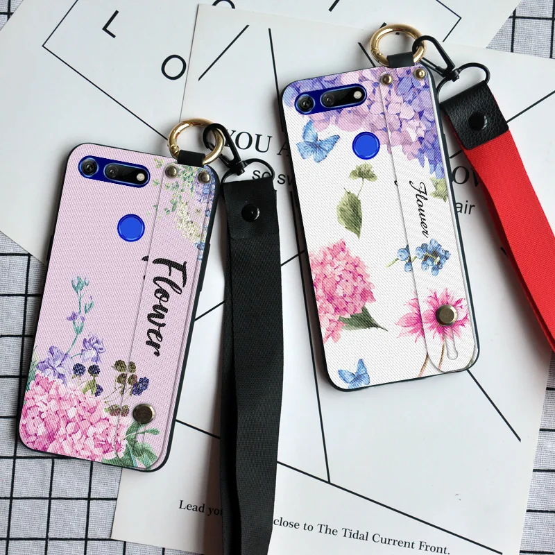 

Wrist Strap Silicone Case For Huawei Honor V9 V10 V20 Hand Band Neck Strap Back Cover For Huawei Honor View 20 10 Stand Coque