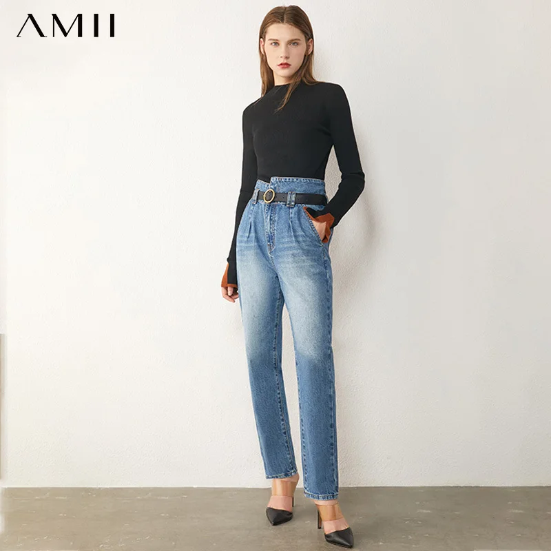 AMII Minimalism Autumn Women's Jeans Fashion Cotton High Waist Straight ...