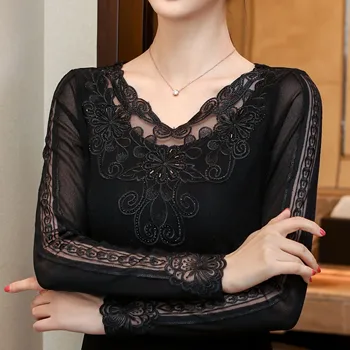 

Autumn embroidered plus size black lace blouse mesh shirt slim women tops long sleeve elegant blouses fashion top blusas
