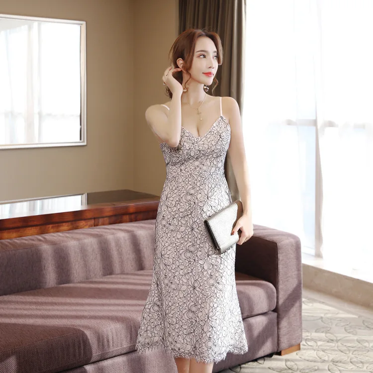 

2019 Camisole Exposed Shoulder Low-Cut Sexy Dress Lace Hollow out Hipster Korean-style Charade Fairy Skirt