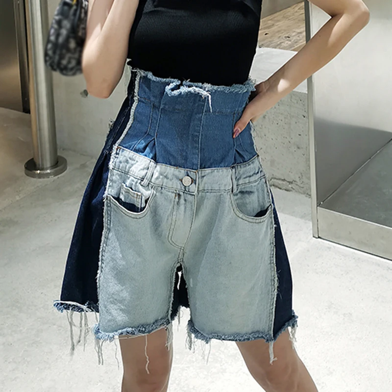 GALCAUR Patchwork Hit Color Tassel Wide Leg Shorts For Women High Waist Pocket Denim Shorts Female 2020 Summer Fashion New Tide