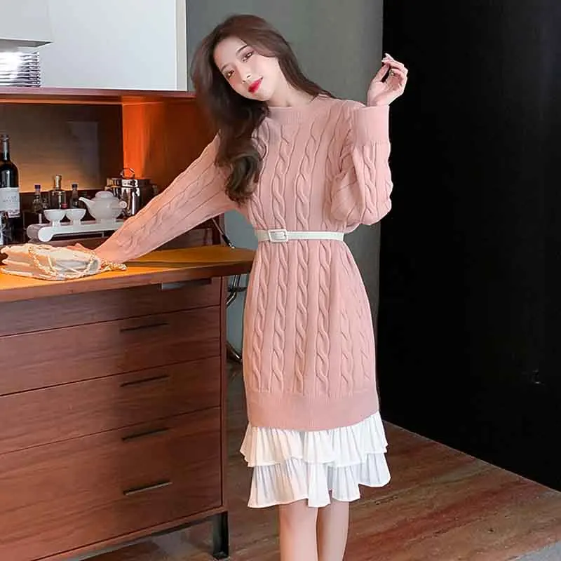 

One-Piece Korean Style 2020 Spring Autumn Women Dress French O-Neck Temperament Thickened Dresses Mermaid Base Knitting Dresses