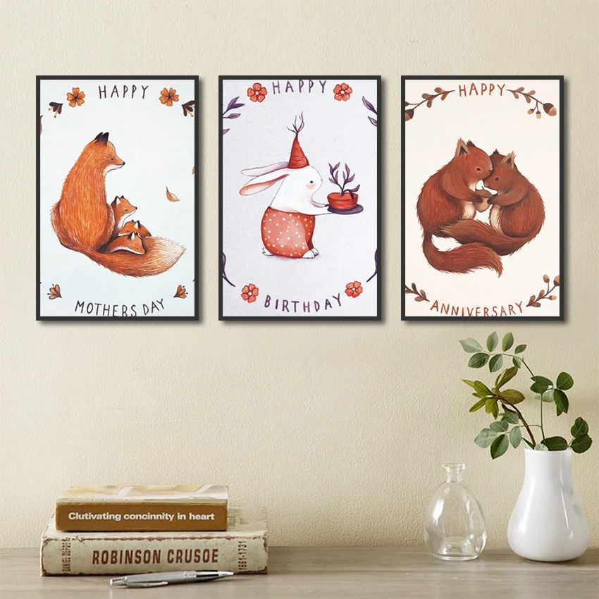 

Cute Fox And Rabbit Poster Art Print Cartoon Animal Canvas Painting Picture Home Wall Art Children's Room Modern Decoration