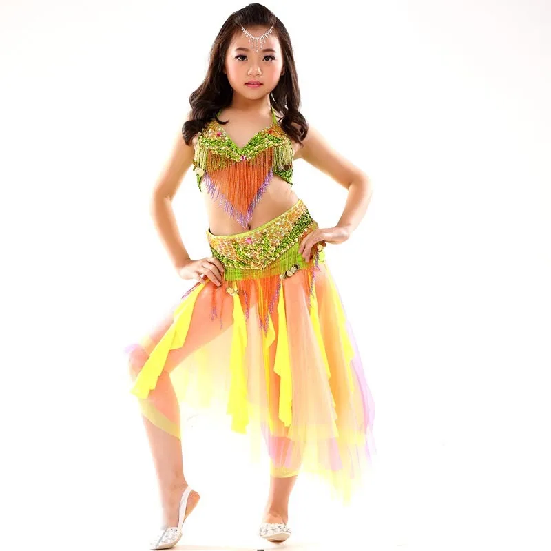 Girl Bollywood Dance Wear Child Belly Dance Clothing 3pcsSet Beaded Bra Belt Skirt Indian Kids Bellydance Performance Costume (5)