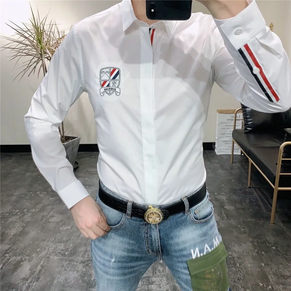 New White Single-breasted Men's Long-sleeved Shirt, Korean Fashion  Printing Striped Shield Pattern  Slim Fit  Shirt Men