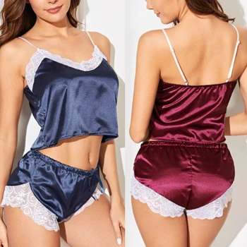 

Women Sleeveless Spilt Nightwear Sexy Lace Pajamas Set 2020 Brand Summer Solid Pajamas Underwear Set Comfortable Homewear