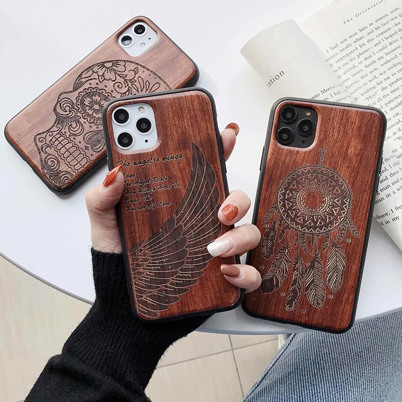 wlzcyhbd 3D Emboss Punk Skull Wooden Phone Cases For iPhone 11 Pro Max X Xr Xs 7 8 Plus Natural Retro Real Rosewood Cover |